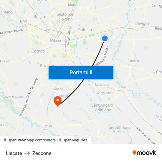 Liscate to Zeccone map