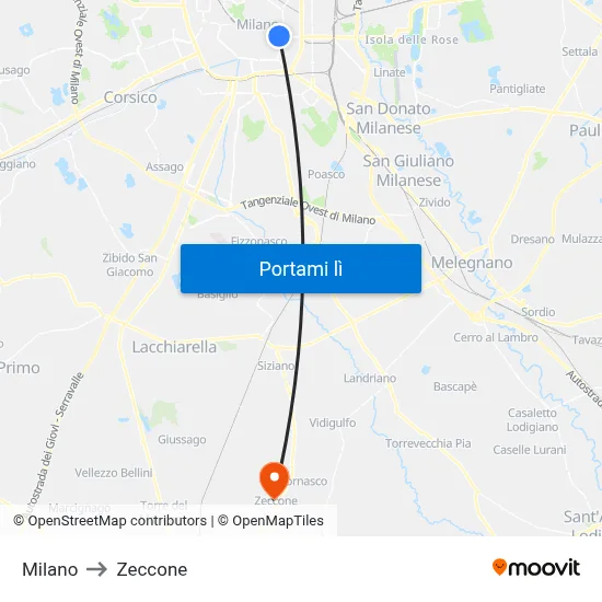Milano to Zeccone map