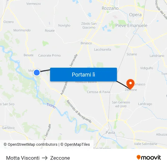 Motta Visconti to Zeccone map