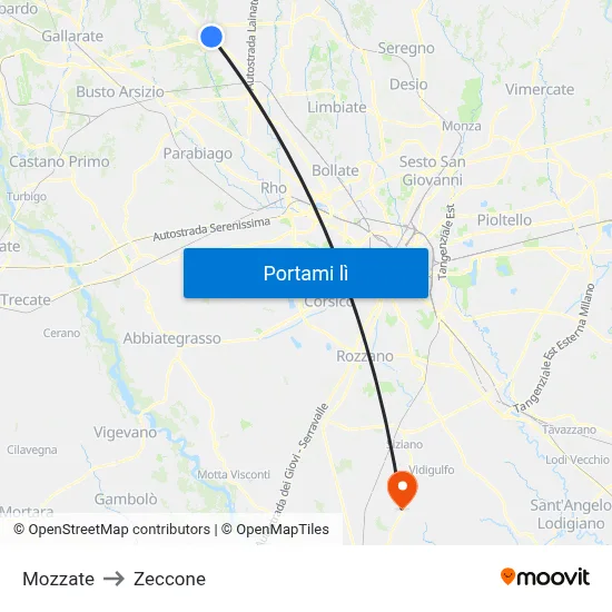 Mozzate to Zeccone map