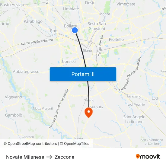 Novate Milanese to Zeccone map