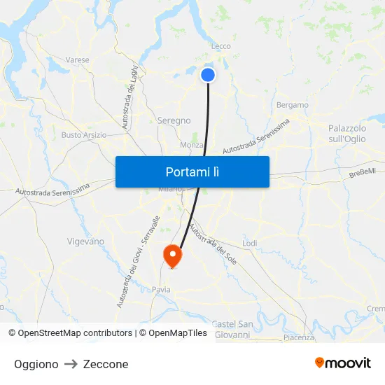 Oggiono to Zeccone map