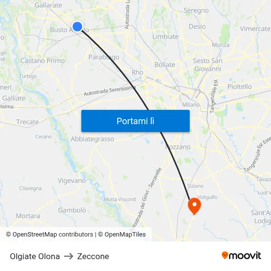 Olgiate Olona to Zeccone map