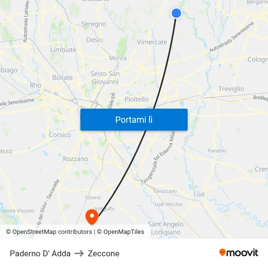 Paderno D' Adda to Zeccone map