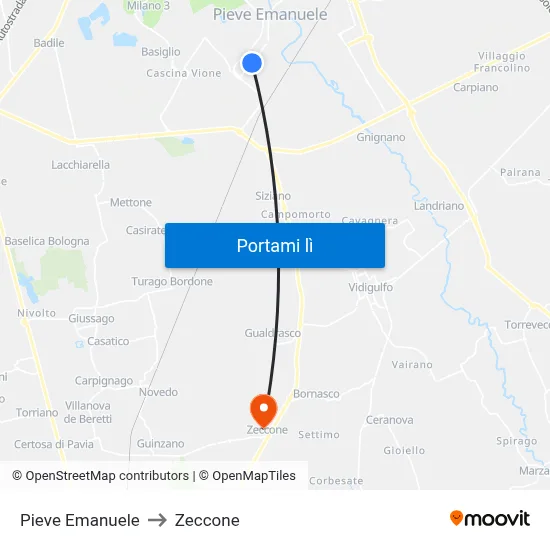 Pieve Emanuele to Zeccone map