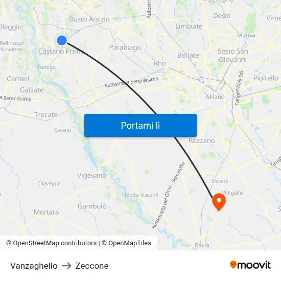 Vanzaghello to Zeccone map