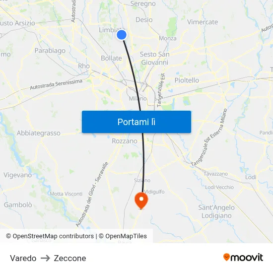 Varedo to Zeccone map