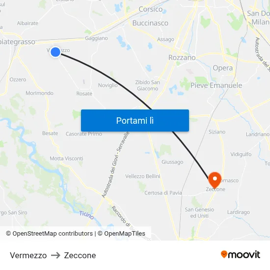 Vermezzo to Zeccone map