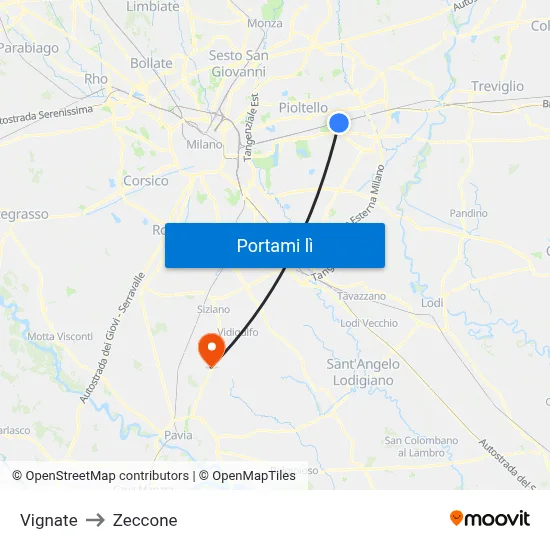 Vignate to Zeccone map