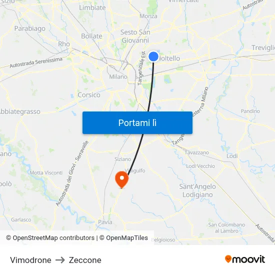 Vimodrone to Zeccone map