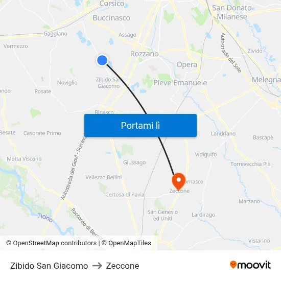 Zibido San Giacomo to Zeccone map
