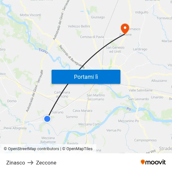 Zinasco to Zeccone map