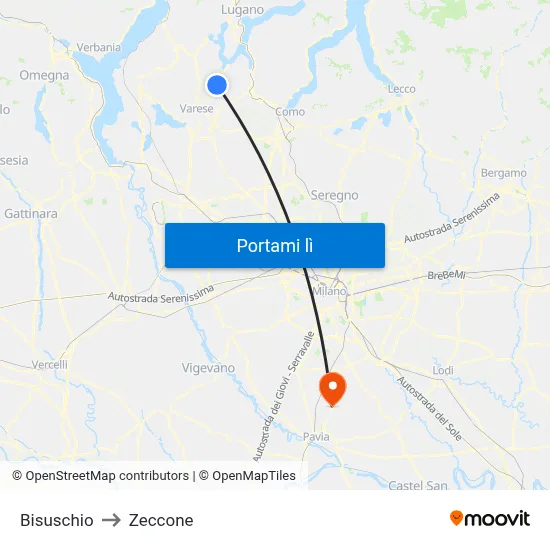 Bisuschio to Zeccone map