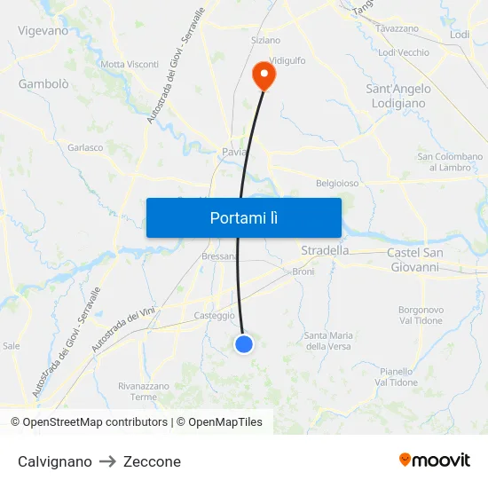 Calvignano to Zeccone map