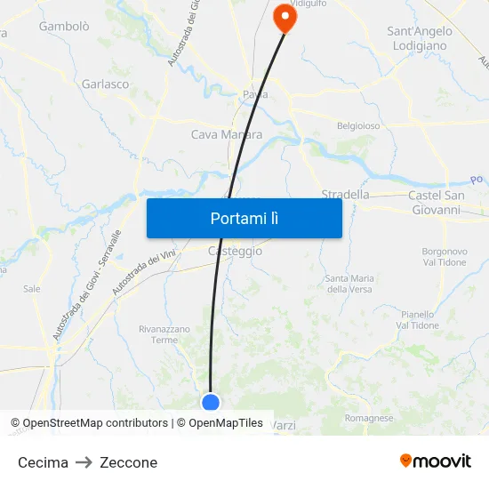 Cecima to Zeccone map