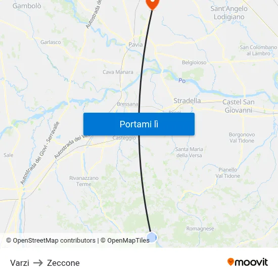 Varzi to Zeccone map