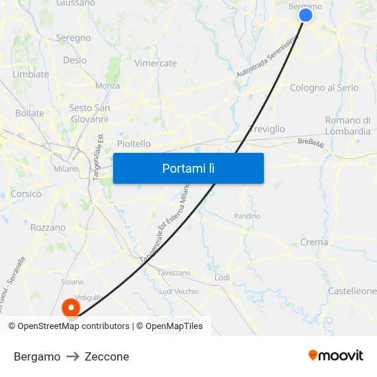 Bergamo to Zeccone map