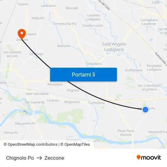 Chignolo Po to Zeccone map