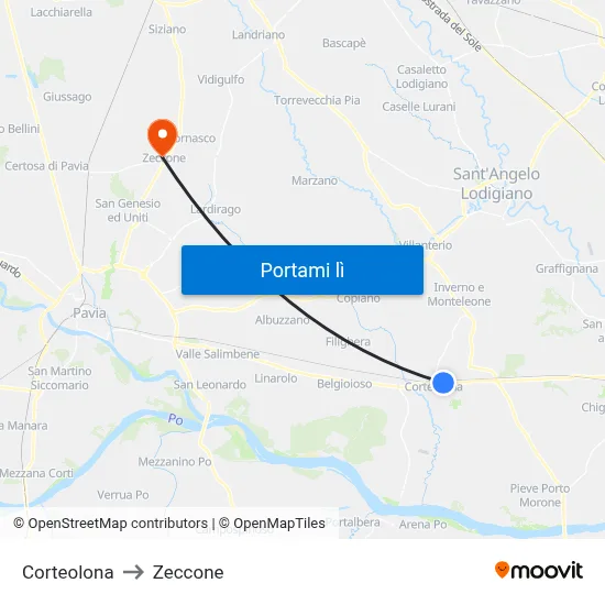 Corteolona to Zeccone map