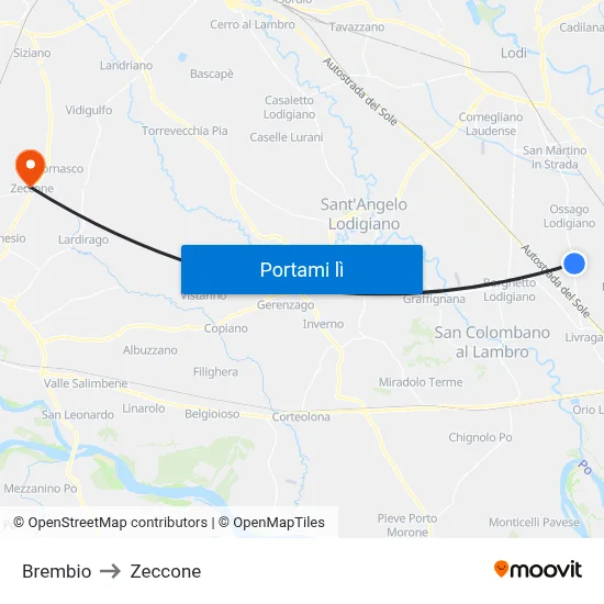 Brembio to Zeccone map