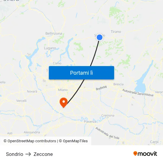 Sondrio to Zeccone map