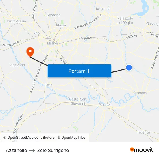 Azzanello to Zelo Surrigone map