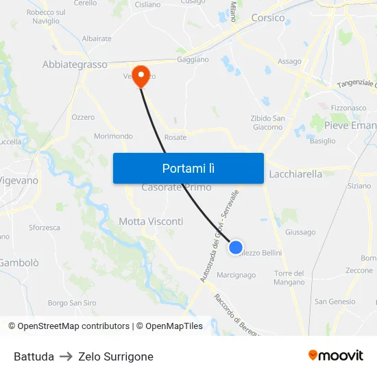 Battuda to Zelo Surrigone map
