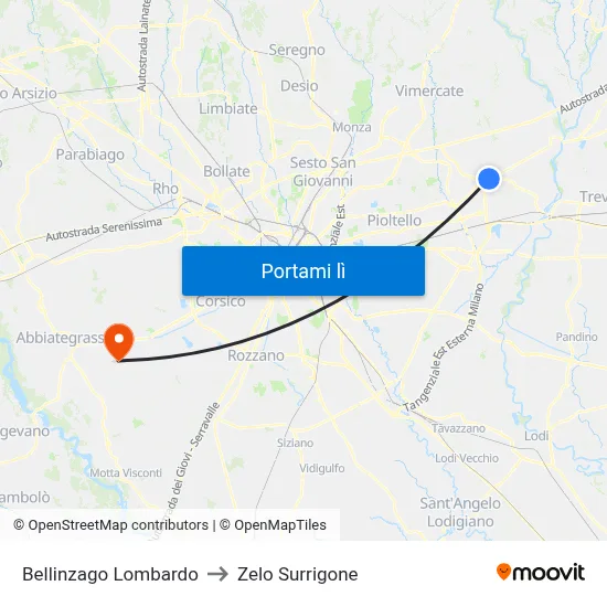 Bellinzago Lombardo to Zelo Surrigone map