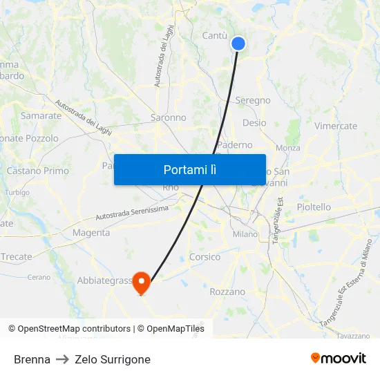 Brenna to Zelo Surrigone map