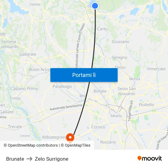 Brunate to Zelo Surrigone map