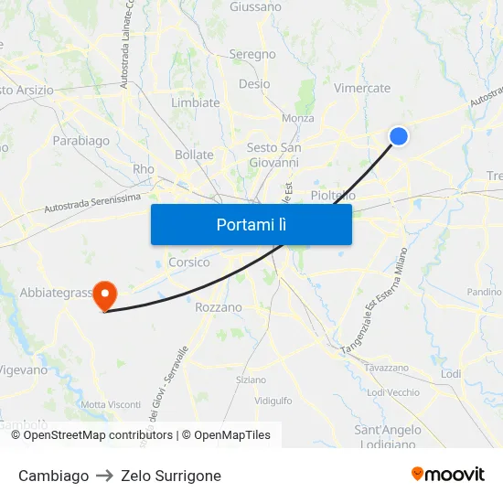 Cambiago to Zelo Surrigone map
