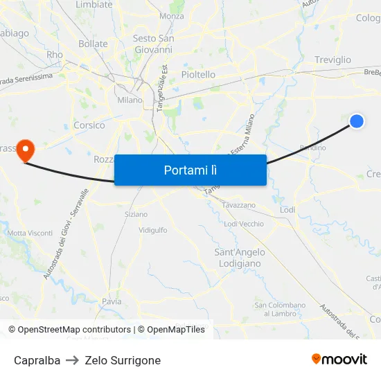 Capralba to Zelo Surrigone map