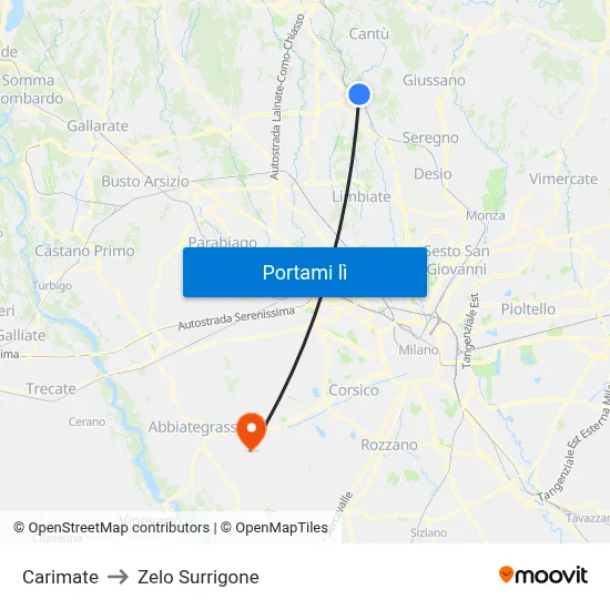 Carimate to Zelo Surrigone map