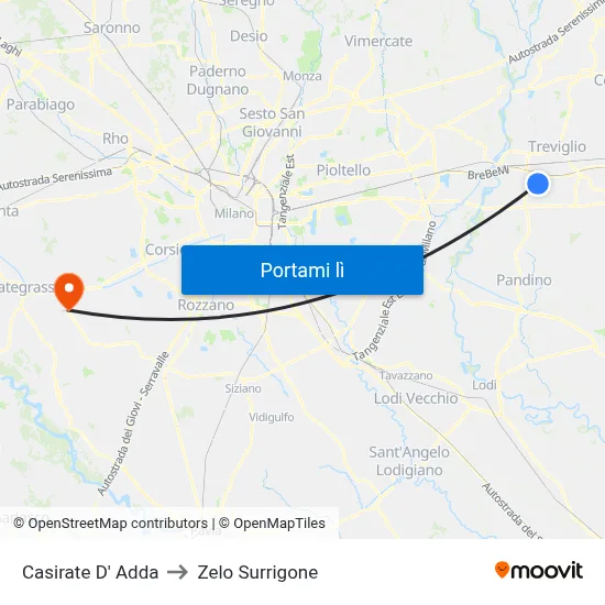 Casirate D' Adda to Zelo Surrigone map