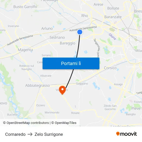 Cornaredo to Zelo Surrigone map