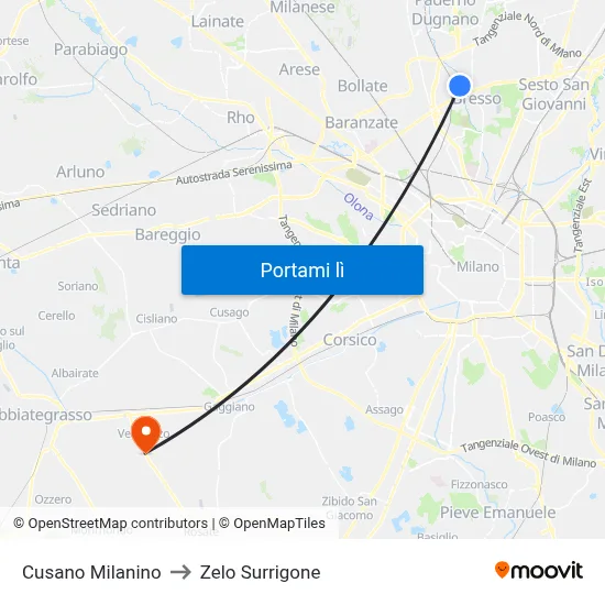 Cusano Milanino to Zelo Surrigone map
