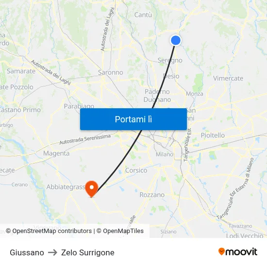 Giussano to Zelo Surrigone map
