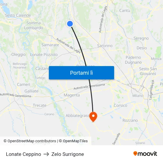 Lonate Ceppino to Zelo Surrigone map