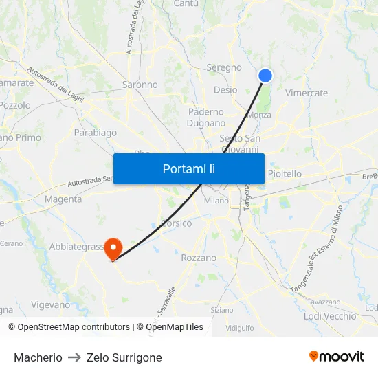 Macherio to Zelo Surrigone map