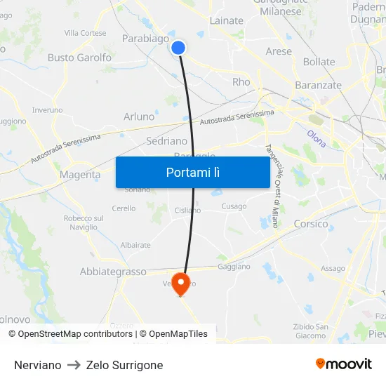 Nerviano to Zelo Surrigone map