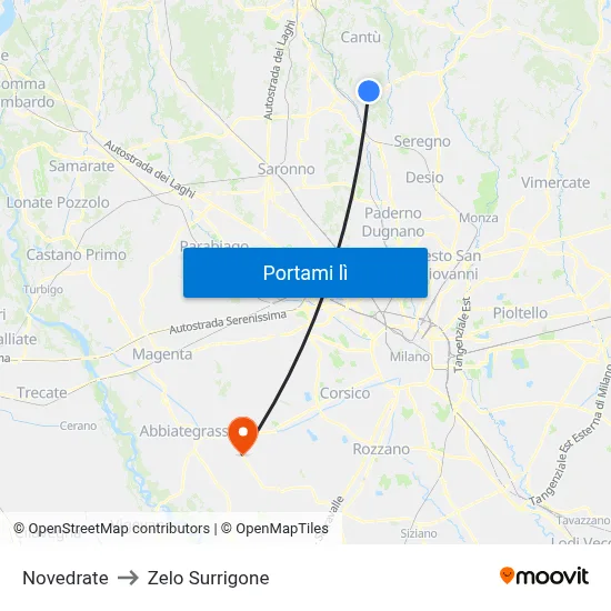 Novedrate to Zelo Surrigone map
