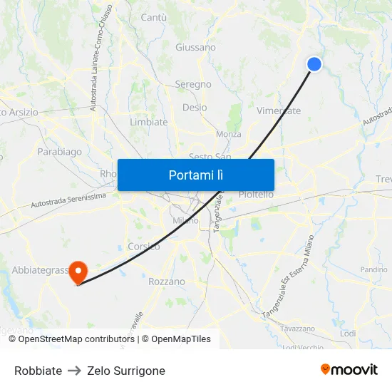 Robbiate to Zelo Surrigone map