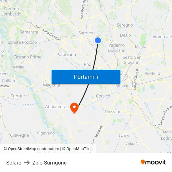 Solaro to Zelo Surrigone map