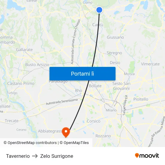 Tavernerio to Zelo Surrigone map