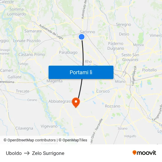 Uboldo to Zelo Surrigone map