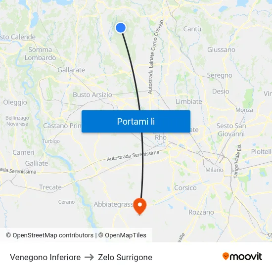 Venegono Inferiore to Zelo Surrigone map