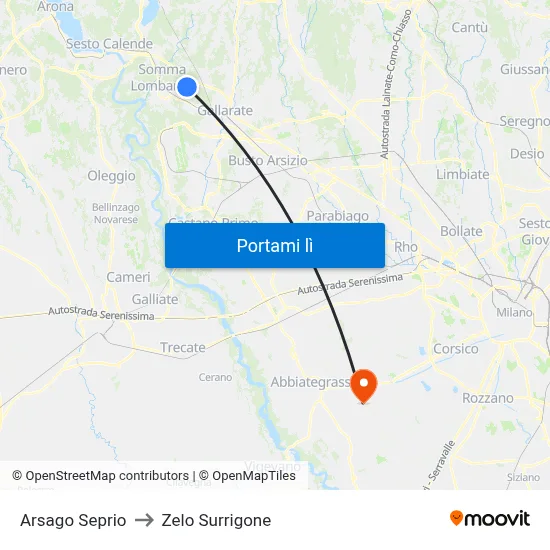 Arsago Seprio to Zelo Surrigone map