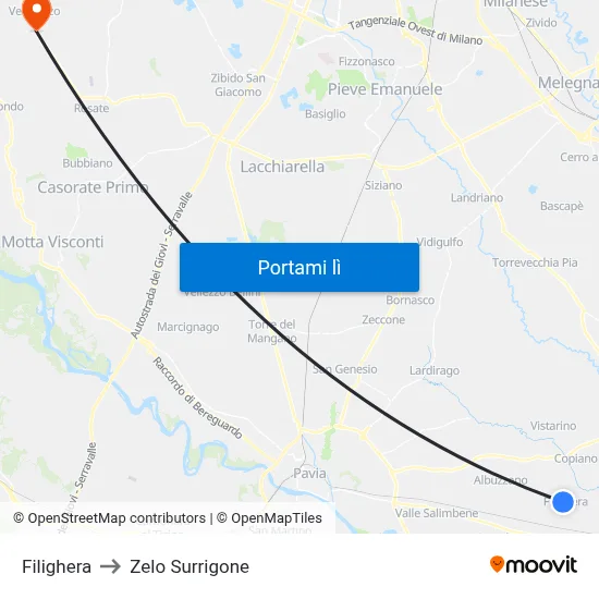 Filighera to Zelo Surrigone map