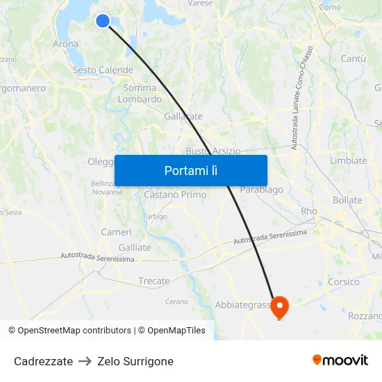 Cadrezzate to Zelo Surrigone map