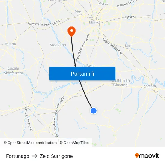 Fortunago to Zelo Surrigone map
